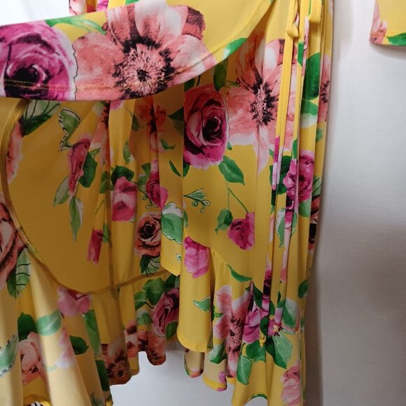 Janette Plus USA XL Dress Yellow Pink Floral Stretch Faux Wrap Midi Ruffle - Picture 6 of 8